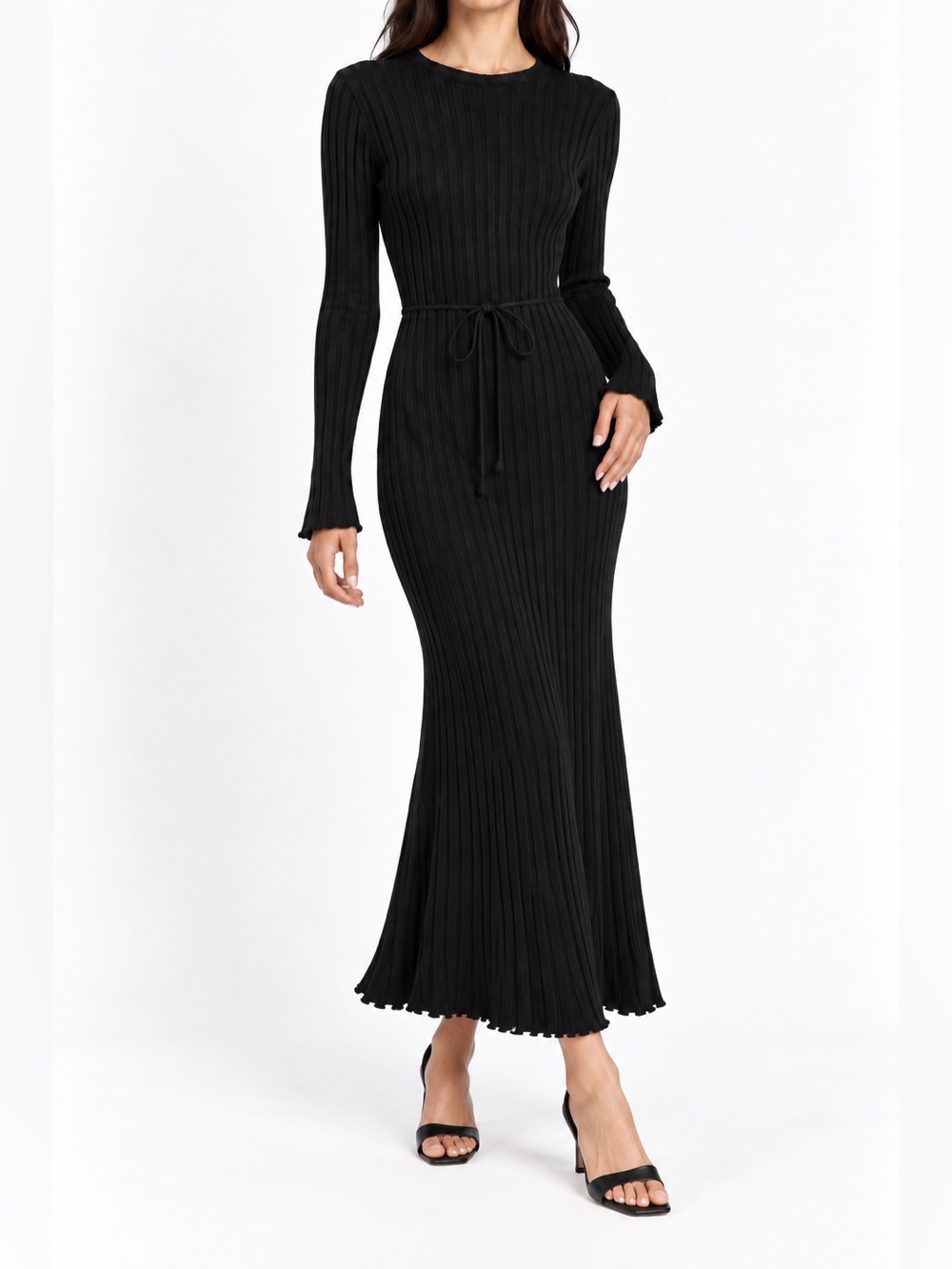 DISSH Ada Black Ribbed Knit Long Sleeve Tie Back Maxi Dress XS